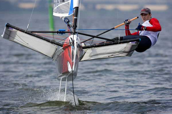 Rohan Veal on day one of the International Moth worlds at Horsens, Denmark. Photo © Th.Martinez / www.thmartinez.com